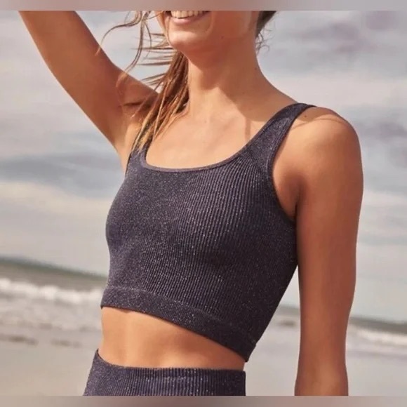 Free People Happiness Runs Square Neck Crop Tank M/L Navy Blue Lurex Sparkle - Picture 2 of 9